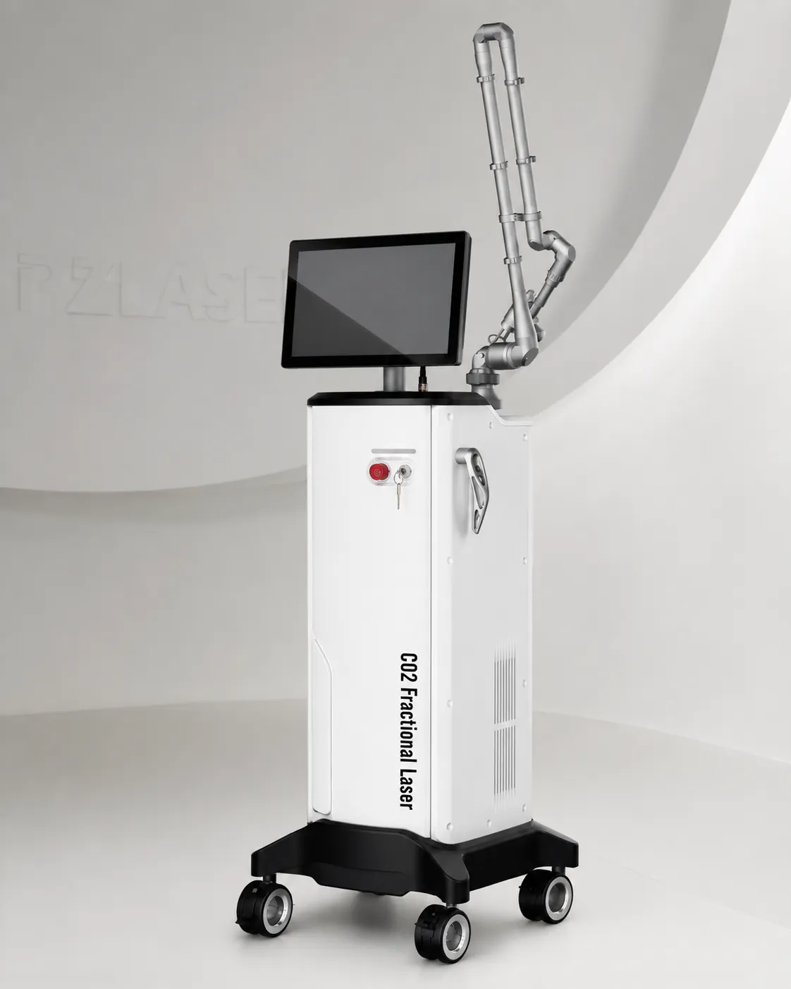 Laser frakcyjny CO2 — biała kolumna na kółkach, ekran na wysięgniku, złożone ramię przegubowe, napis „CO2 Fractional Laser” na obudowie